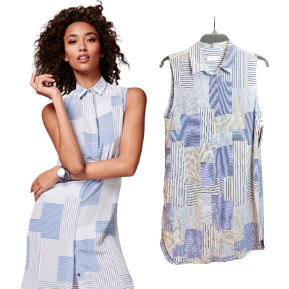 Equipment Femme 100% Silk Sleeveless Button Front Shirt Dress Blue Stripe - S